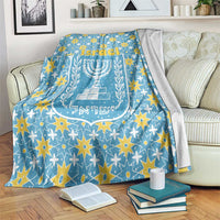 Israel Christmas Blanket with Blue-Yellow Star Pattern, Menorah, and Santa Motif - Wonder Print Shop