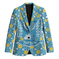 Israel Christmas Blazer with Blue-Yellow Star Pattern, Menorah, and Santa Motif - Wonder Print Shop