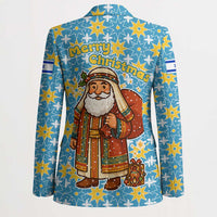 Israel Christmas Blazer with Blue-Yellow Star Pattern, Menorah, and Santa Motif - Wonder Print Shop
