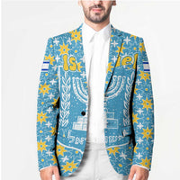 Israel Christmas Blazer with Blue-Yellow Star Pattern, Menorah, and Santa Motif - Wonder Print Shop