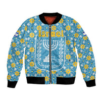 Israel Christmas Bomber Jacket with Blue-Yellow Star Pattern, Menorah, and Santa Motif - Wonder Print Shop
