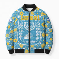 Israel Christmas Bomber Puffer Jacket with Blue-Yellow Star Pattern, Menorah, and Santa Motif - Wonder Print Shop