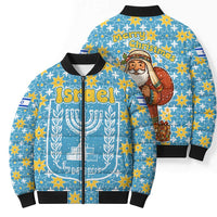 Israel Christmas Bomber Puffer Jacket with Blue-Yellow Star Pattern, Menorah, and Santa Motif - Wonder Print Shop