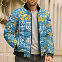 Israel Christmas Bomber Puffer Jacket with Blue-Yellow Star Pattern, Menorah, and Santa Motif - Wonder Print Shop