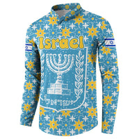 Israel Christmas Button Sweatshirt with Blue-Yellow Star Pattern, Menorah, and Santa Motif - Wonder Print Shop