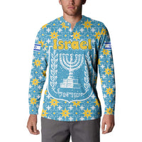Israel Christmas Button Sweatshirt with Blue-Yellow Star Pattern, Menorah, and Santa Motif - Wonder Print Shop