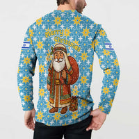 Israel Christmas Button Sweatshirt with Blue-Yellow Star Pattern, Menorah, and Santa Motif - Wonder Print Shop