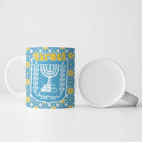 Israel Christmas Ceramic Mug with Blue-Yellow Star Pattern, Menorah, and Santa Motif - Wonder Print Shop