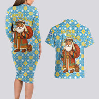 Israel Christmas Couples Matching Long Sleeve Bodycon Dress and Hawaiian Shirt with Blue-Yellow Star Pattern, Menorah, and Santa Motif - Wonder Print Shop