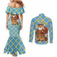 Israel Christmas Couples Matching Mermaid Dress and Long Sleeve Button Shirt with Blue-Yellow Star Pattern, Menorah, and Santa Motif - Wonder Print Shop