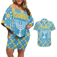 Israel Christmas Couples Matching Off Shoulder Short Dress and Hawaiian Shirt with Blue-Yellow Star Pattern, Menorah, and Santa Motif - Wonder Print Shop