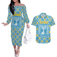 Israel Christmas Couples Matching Off The Shoulder Long Sleeve Dress and Hawaiian Shirt with Blue-Yellow Star Pattern, Menorah, and Santa Motif - Wonder Print Shop