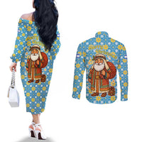 Israel Christmas Couples Matching Off The Shoulder Long Sleeve Dress and Long Sleeve Button Shirt with Blue-Yellow Star Pattern, Menorah, and Santa Motif - Wonder Print Shop