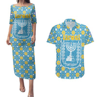Israel Christmas Couples Matching Puletasi and Hawaiian Shirt with Blue-Yellow Star Pattern, Menorah, and Santa Motif - Wonder Print Shop