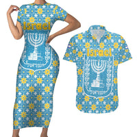Israel Christmas Couples Matching Short Sleeve Bodycon Dress and Hawaiian Shirt with Blue-Yellow Star Pattern, Menorah, and Santa Motif - Wonder Print Shop