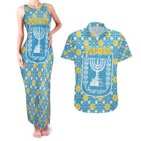 Israel Christmas Couples Matching Tank Maxi Dress and Hawaiian Shirt with Blue-Yellow Star Pattern, Menorah, and Santa Motif - Wonder Print Shop
