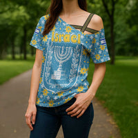 Israel Christmas Cross Shoulder Shirt with Blue-Yellow Star Pattern, Menorah, and Santa Motif - Wonder Print Shop