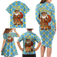 Israel Christmas Family Matching Long Sleeve Bodycon Dress and Hawaiian Shirt with Blue-Yellow Star Pattern, Menorah, and Santa Motif - Wonder Print Shop