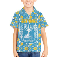 Israel Christmas Family Matching Long Sleeve Bodycon Dress and Hawaiian Shirt with Blue-Yellow Star Pattern, Menorah, and Santa Motif - Wonder Print Shop