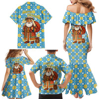 Israel Christmas Family Matching Mermaid Dress and Hawaiian Shirt with Blue-Yellow Star Pattern, Menorah, and Santa Motif - Wonder Print Shop