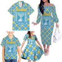 Israel Christmas Family Matching Off The Shoulder Long Sleeve Dress and Hawaiian Shirt with Blue-Yellow Star Pattern, Menorah, and Santa Motif - Wonder Print Shop
