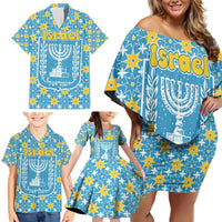 Israel Christmas Family Matching Off Shoulder Short Dress and Hawaiian Shirt with Blue-Yellow Star Pattern, Menorah, and Santa Motif - Wonder Print Shop