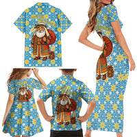 Israel Christmas Family Matching Short Sleeve Bodycon Dress and Hawaiian Shirt with Blue-Yellow Star Pattern, Menorah, and Santa Motif - Wonder Print Shop