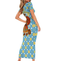 Israel Christmas Family Matching Short Sleeve Bodycon Dress and Hawaiian Shirt with Blue-Yellow Star Pattern, Menorah, and Santa Motif - Wonder Print Shop