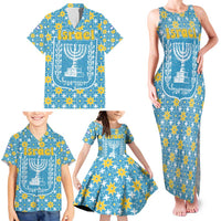 Israel Christmas Family Matching Tank Maxi Dress and Hawaiian Shirt with Blue-Yellow Star Pattern, Menorah, and Santa Motif - Wonder Print Shop