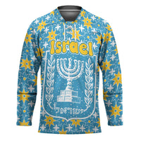 Israel Christmas Hockey Jersey with Blue-Yellow Star Pattern, Menorah, and Santa Motif - Wonder Print Shop
