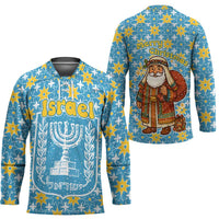 Israel Christmas Hockey Jersey with Blue-Yellow Star Pattern, Menorah, and Santa Motif - Wonder Print Shop