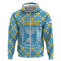 Israel Christmas Hoodie with Blue-Yellow Star Pattern, Menorah, and Santa Motif - Wonder Print Shop