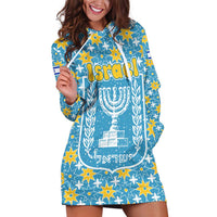 Israel Christmas Hoodie Dress with Blue-Yellow Star Pattern, Menorah, and Santa Motif - Wonder Print Shop