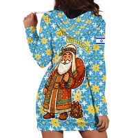 Israel Christmas Hoodie Dress with Blue-Yellow Star Pattern, Menorah, and Santa Motif - Wonder Print Shop