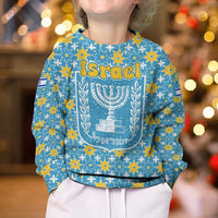Israel Christmas Kid Ugly Christmas Sweater with Blue-Yellow Star Pattern, Menorah, and Santa Motif - Wonder Print Shop