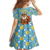Israel Christmas Kid Short Sleeve Dress with Blue-Yellow Star Pattern, Menorah, and Santa Motif - Wonder Print Shop