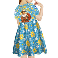 Israel Christmas Kid Short Sleeve Dress with Blue-Yellow Star Pattern, Menorah, and Santa Motif - Wonder Print Shop