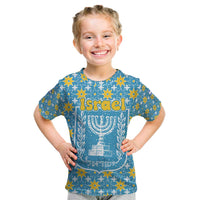 Israel Christmas Kid T Shirt with Blue-Yellow Star Pattern, Menorah, and Santa Motif - Wonder Print Shop