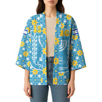 Israel Christmas Kimono with Blue-Yellow Star Pattern, Menorah, and Santa Motif - Wonder Print Shop