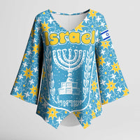Israel Christmas Kimono Sleeve Blouse with Blue-Yellow Star Pattern, Menorah, and Santa Motif - Wonder Print Shop