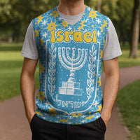 Israel Christmas Knitted V-Neck Vest with Blue-Yellow Star Pattern, Menorah, and Santa Motif - Wonder Print Shop