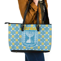 Israel Christmas Leather Tote Bag with Blue-Yellow Star Pattern, Menorah, and Santa Motif - Wonder Print Shop