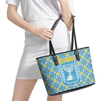 Israel Christmas Leather Tote Bag with Blue-Yellow Star Pattern, Menorah, and Santa Motif - Wonder Print Shop