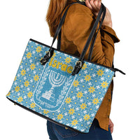 Israel Christmas Leather Tote Bag with Blue-Yellow Star Pattern, Menorah, and Santa Motif - Wonder Print Shop