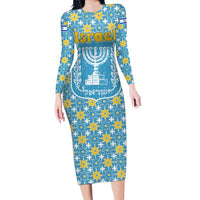 Israel Christmas Long Sleeve Bodycon Dress with Blue-Yellow Star Pattern, Menorah, and Santa Motif - Wonder Print Shop