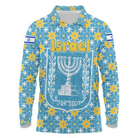 Israel Christmas Long Sleeve Polo Shirt with Blue-Yellow Star Pattern, Menorah, and Santa Motif - Wonder Print Shop