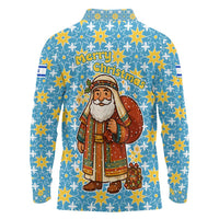 Israel Christmas Long Sleeve Polo Shirt with Blue-Yellow Star Pattern, Menorah, and Santa Motif - Wonder Print Shop