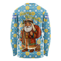 Israel Christmas Long Sleeve Shirt with Blue-Yellow Star Pattern, Menorah, and Santa Motif - Wonder Print Shop