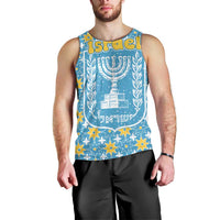 Israel Christmas Men Tank Top with Blue-Yellow Star Pattern, Menorah, and Santa Motif - Wonder Print Shop