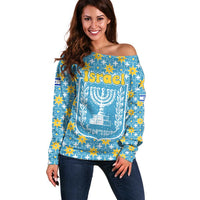 Israel Christmas Off Shoulder Sweater with Blue-Yellow Star Pattern, Menorah, and Santa Motif - Wonder Print Shop